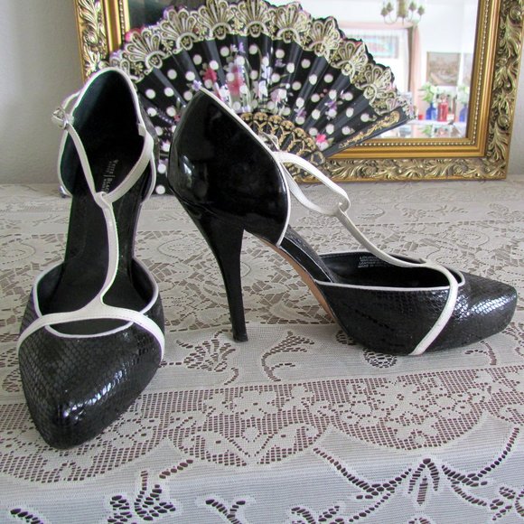 BLACK & WHITE HEELS, 8.5, 8 1/2 WHITE HOUSE BLACK MARKET SHOES, LEATHER - Picture 3 of 8